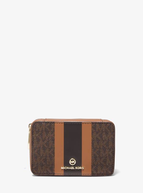 Damske Cestovné Tašky Michael Kors Small Logo Stripe Jewelry Case Čokoláda Žlté - Kabelky Michael Kors Slevy | OIUCD-1490